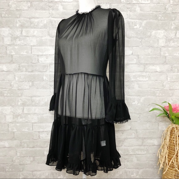 NWOT GENERATION LOVE Black Chiffon Ruffle Long Sleeve Semi Sheer Mini Dress Sm - Picture 2 of 16